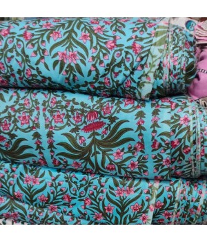 Teal Blue 100% Cotton block printing Fabric by the yard Cotton Cloth Indian Fabric for Curtain Fabric